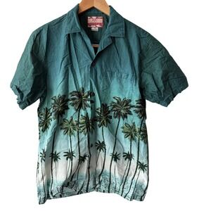 RJC Mens Hawaiian Shirt Teal Green Ombre Palm Tree Tropical Made in Hawaii M 109